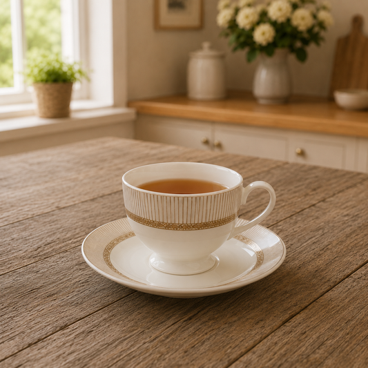 Bone China 24 Pieces Tea Set – Luxury Gold Stripe Tea Cup & Saucer