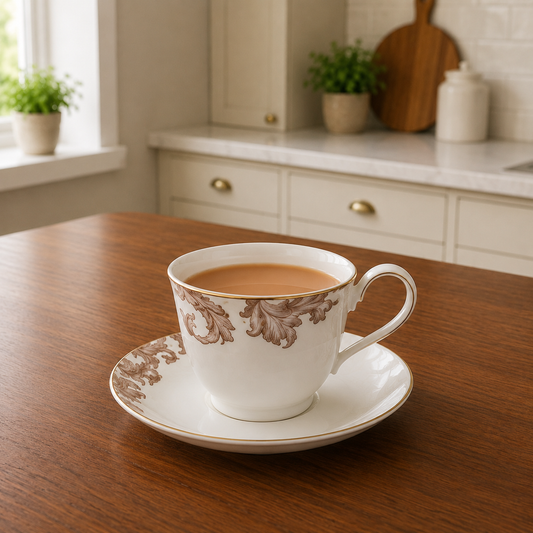 Bone China 24 Pieces Tea Set – Classic Brown Floral Tea Cup