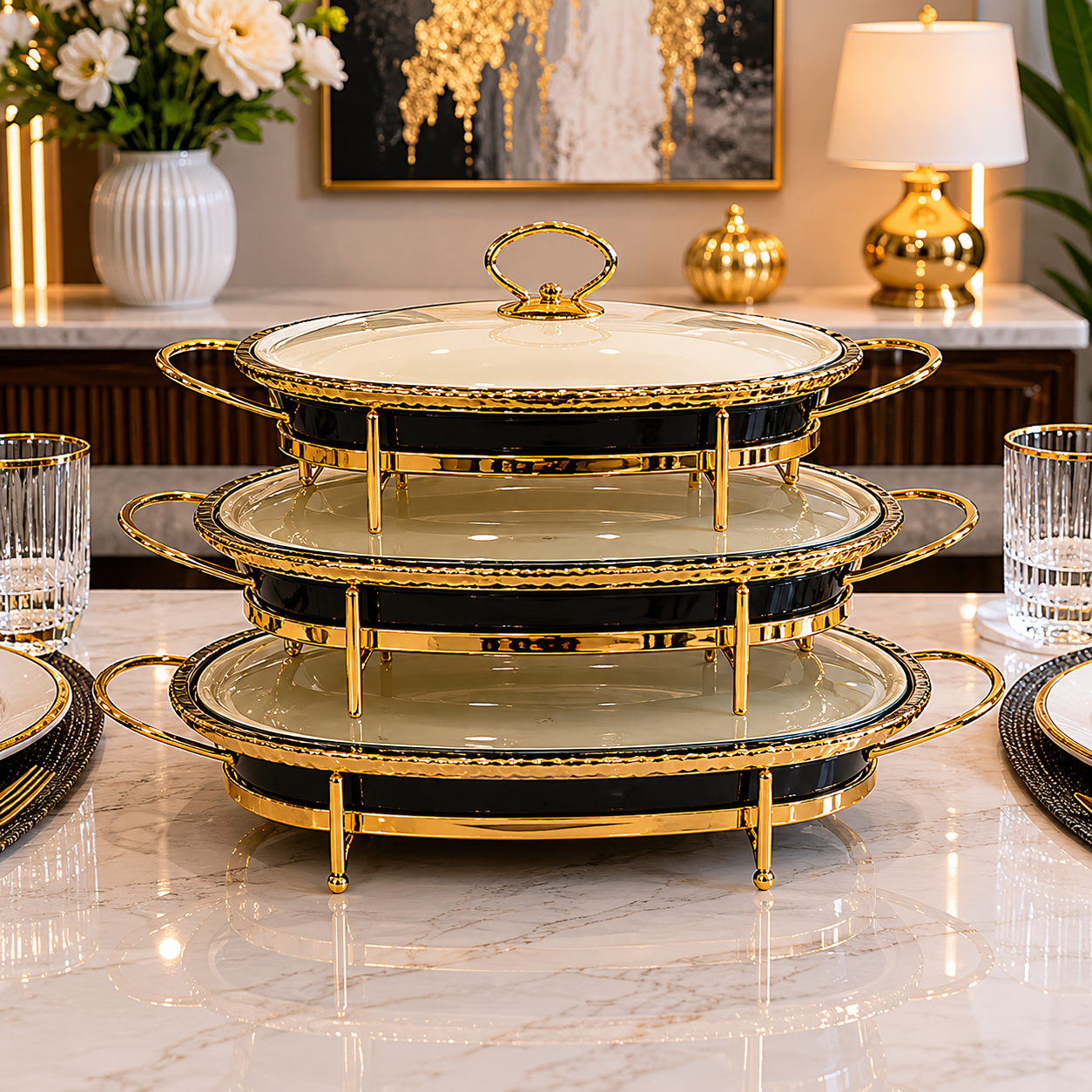 Gold & Black Oval Serving Tray Set