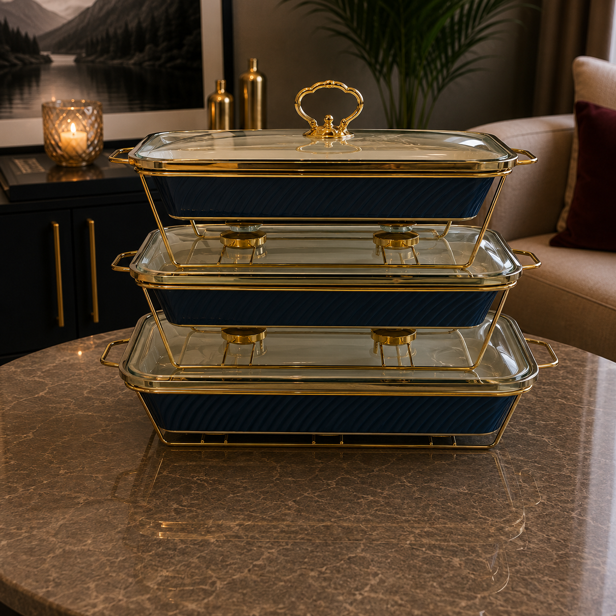 Rectangular Blue Glass Lid Serving Dish Set