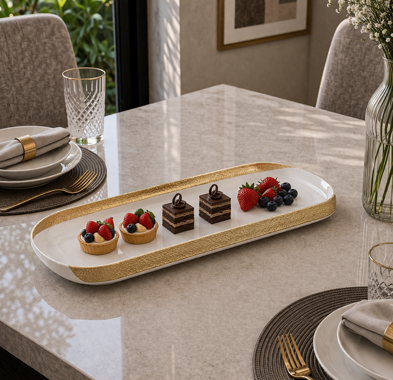 Angela Elegant Gold Rim Ceramic Serving Tray