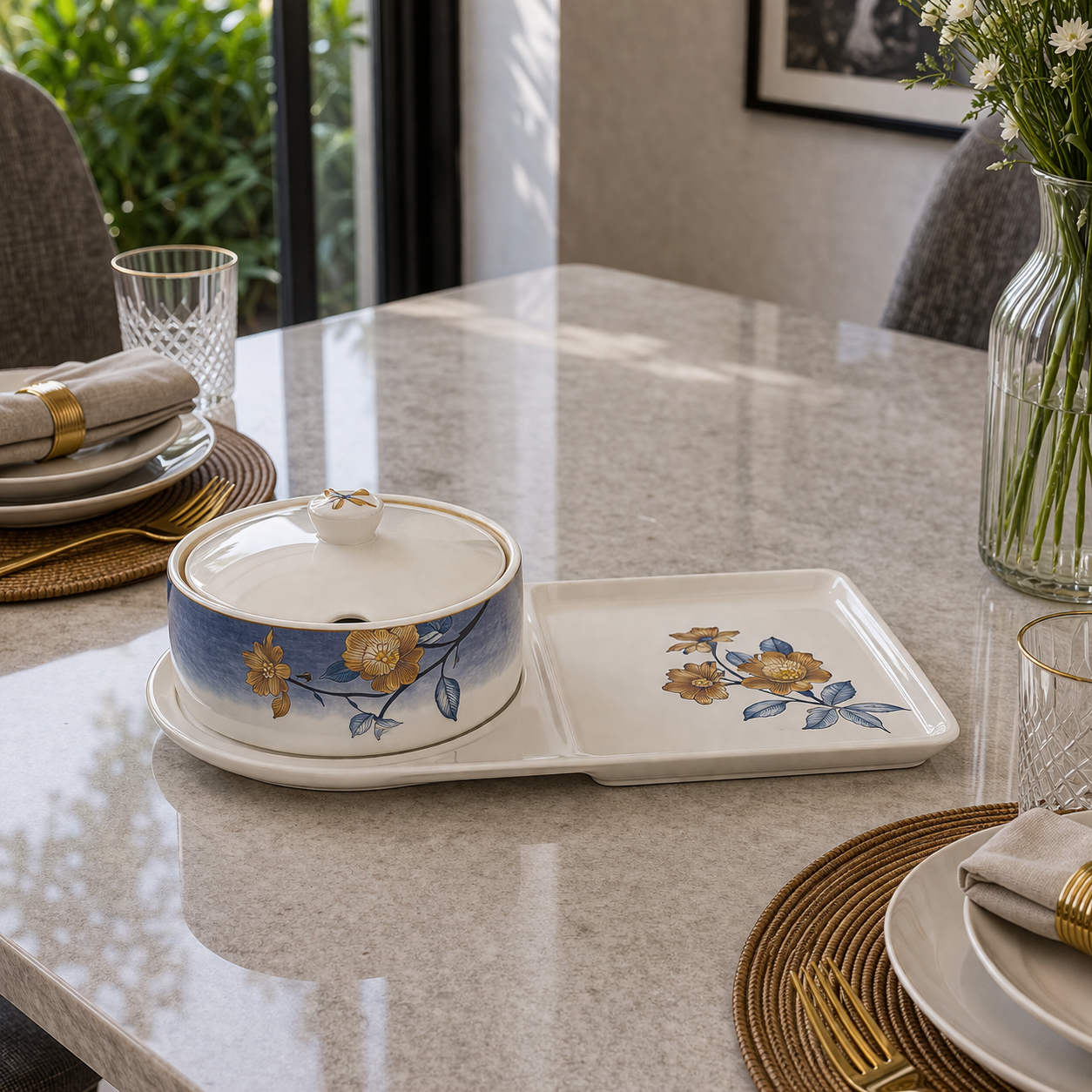 Angela Elegant Floral Ceramic Covered Bowl with Serving Tray