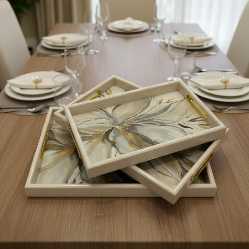3-Piece White & Gold Marble-Look Serving Tray Set