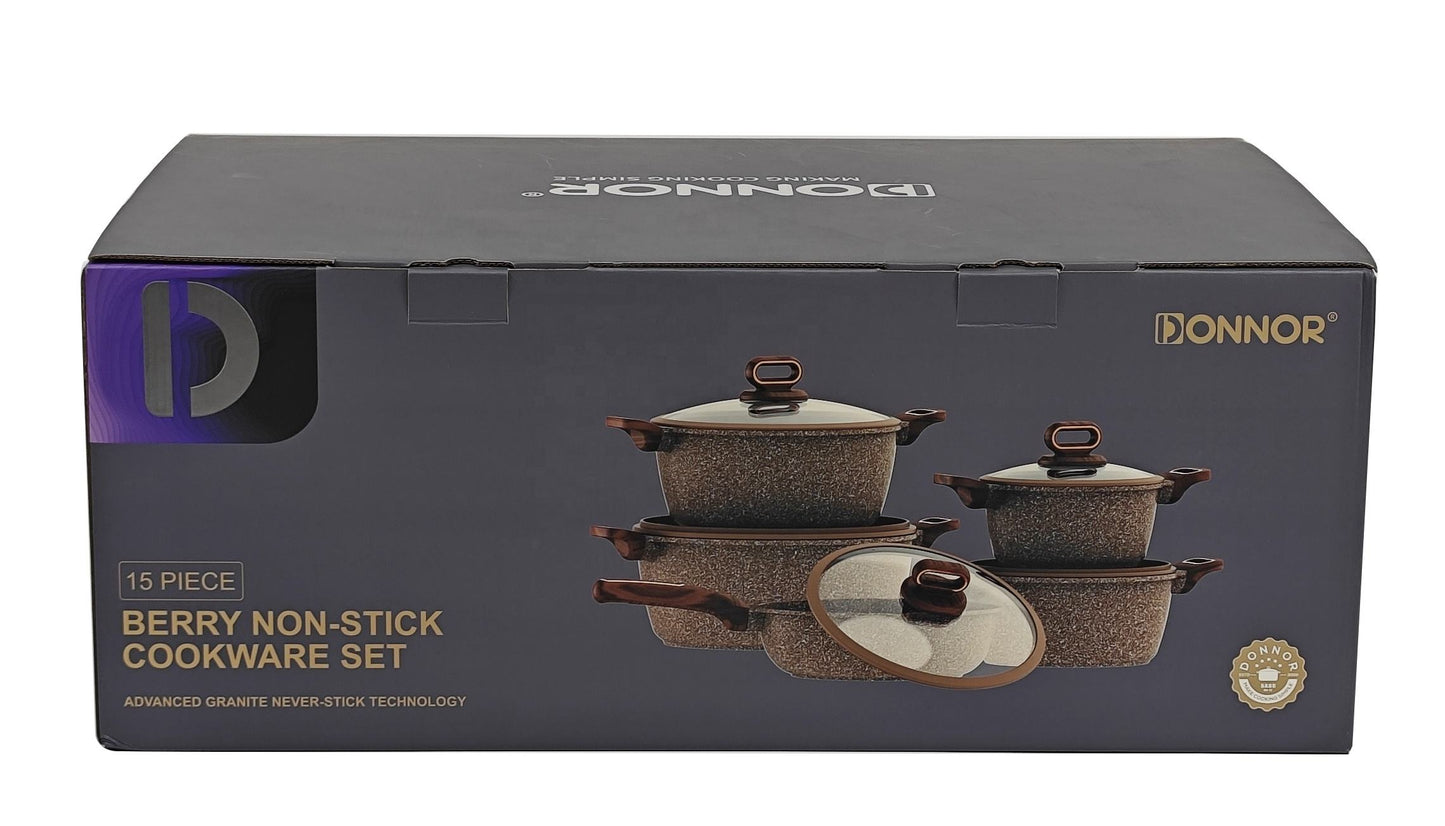 DONNOR 15-Piece Non-Stick Cookware Set | Premium Aluminum Pots & Pans with Glass Lids | Induction & Gas Compatible - Brown