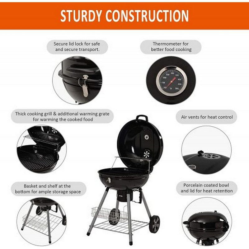 Charcoal Kettle BBQ Grill with Lid & 4 Legs Rolls Portable Fire Pit Outdoor Picnic Camping Cooking (22.5 inch)
