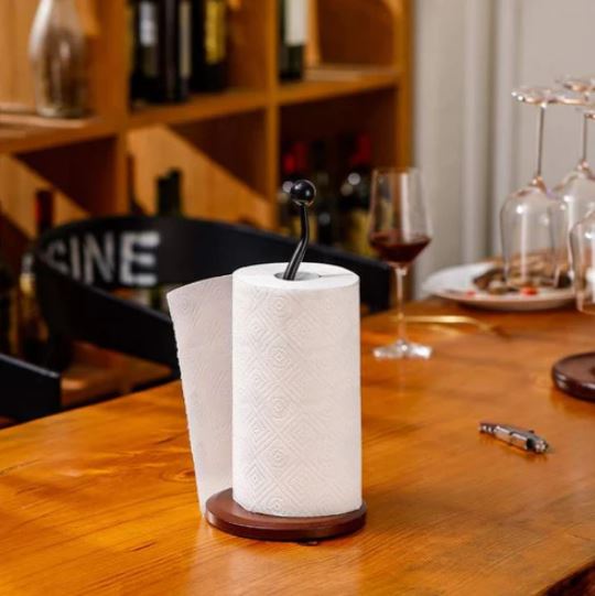 Kitchen Paper Towel Tissue Holder (Wooden Base & Metal Stand) Tissue Roll Organizer for Kitchen & Bathroom
