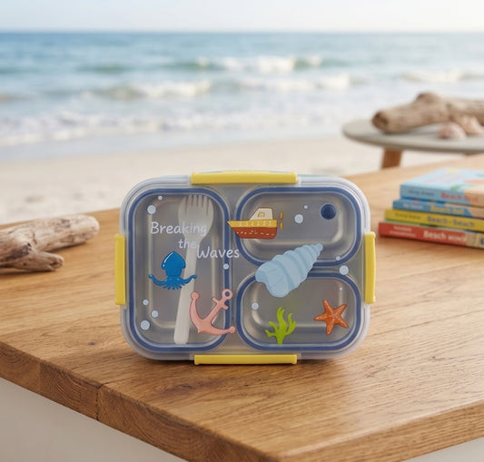 Stainless Steel 3 Compartment Lunch Box with Spoon & Secure Lock & Leak-Proof