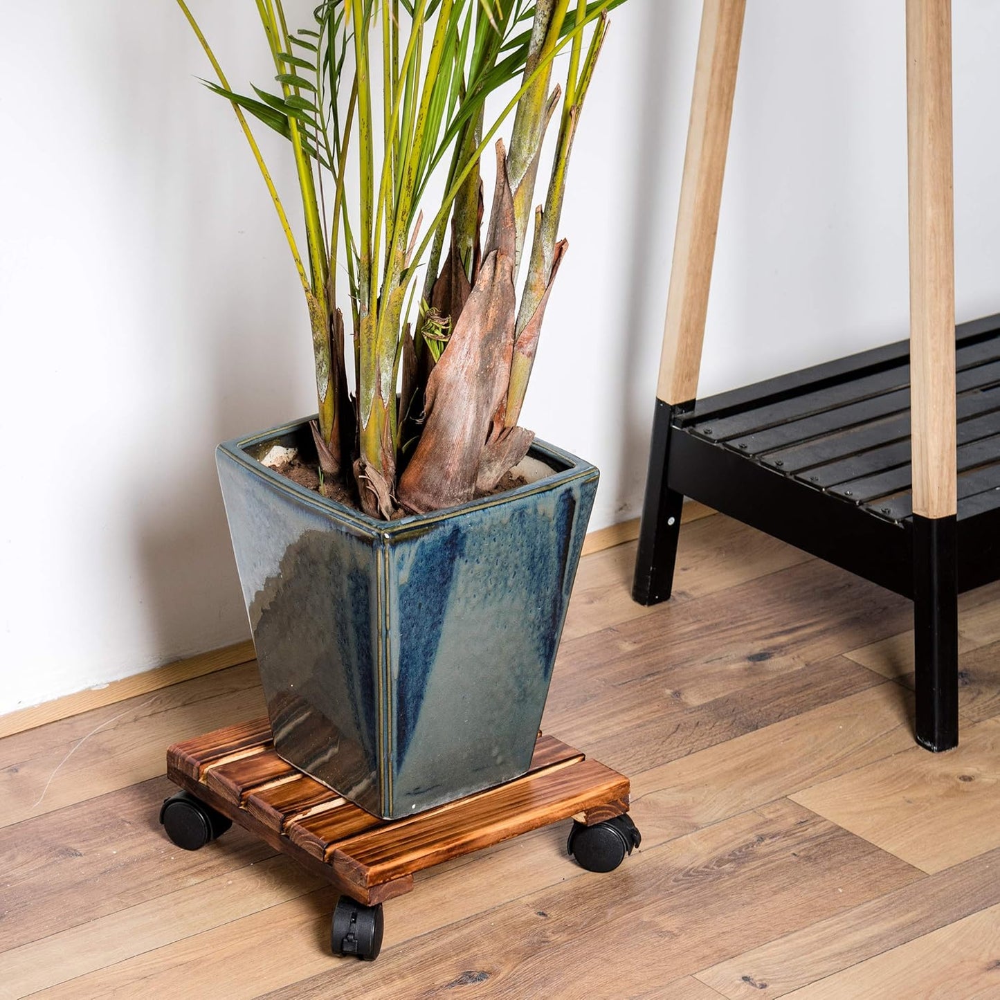 Wooden Plant Roller Stand with Lockable Wheels Caddy Planter Trolley