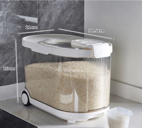Sealed Rice Storage Container with Measuring Cup & Wheels - 9 Kgs