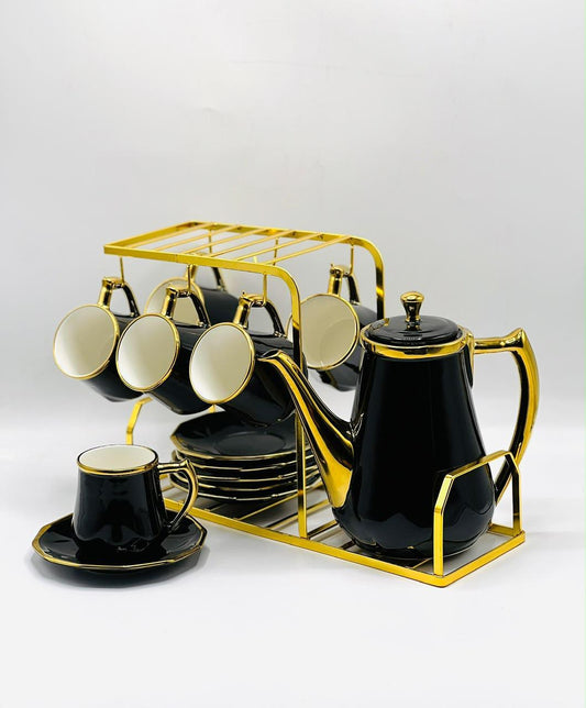 15 Piece Gold Rim Tea Set with Rack