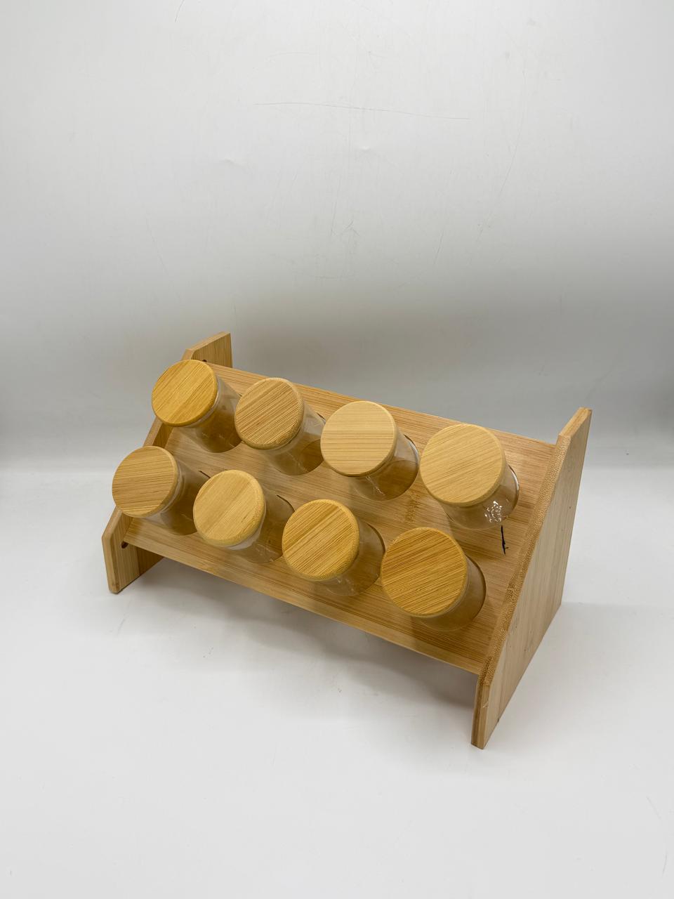 Bamboo Spice Jar Organizer Set - 8Pcs Large Glass Jars with Stand
