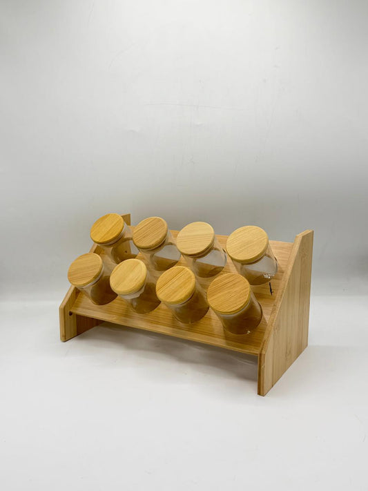 Bamboo Spice Jar Organizer Set - 8Pcs Large Glass Jars with Stand