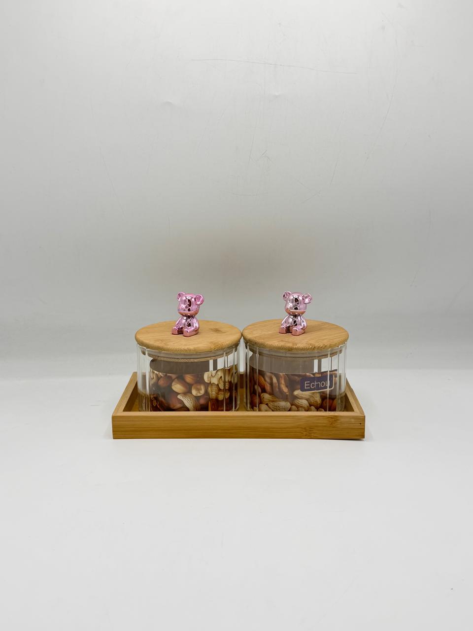 Glass Container Set - 2 Piece Rose Gold Bear Knobs with Wooden Tray