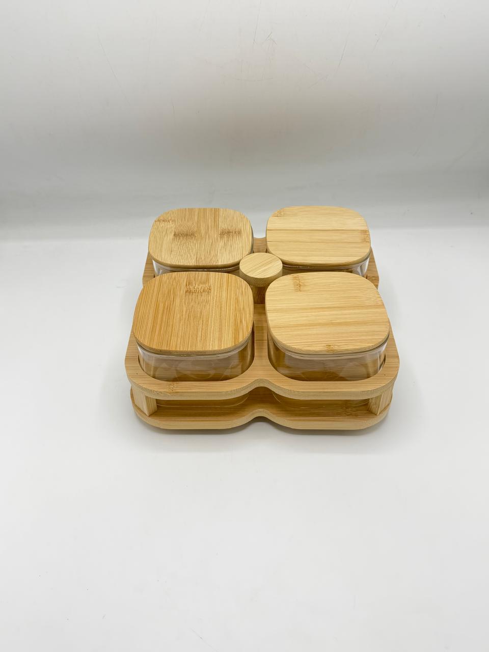 Glass Container Set - 4 Piece Tiered Bamboo Holder Display