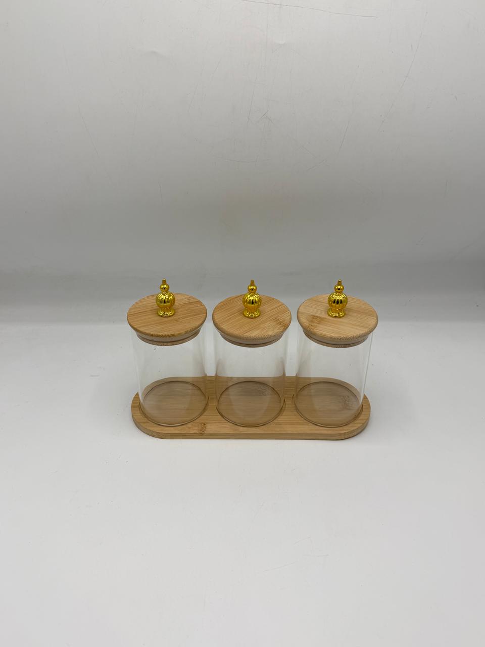 270, 320Ml Glass Container Set - 3 Piece Gold Knob Lids with Tray