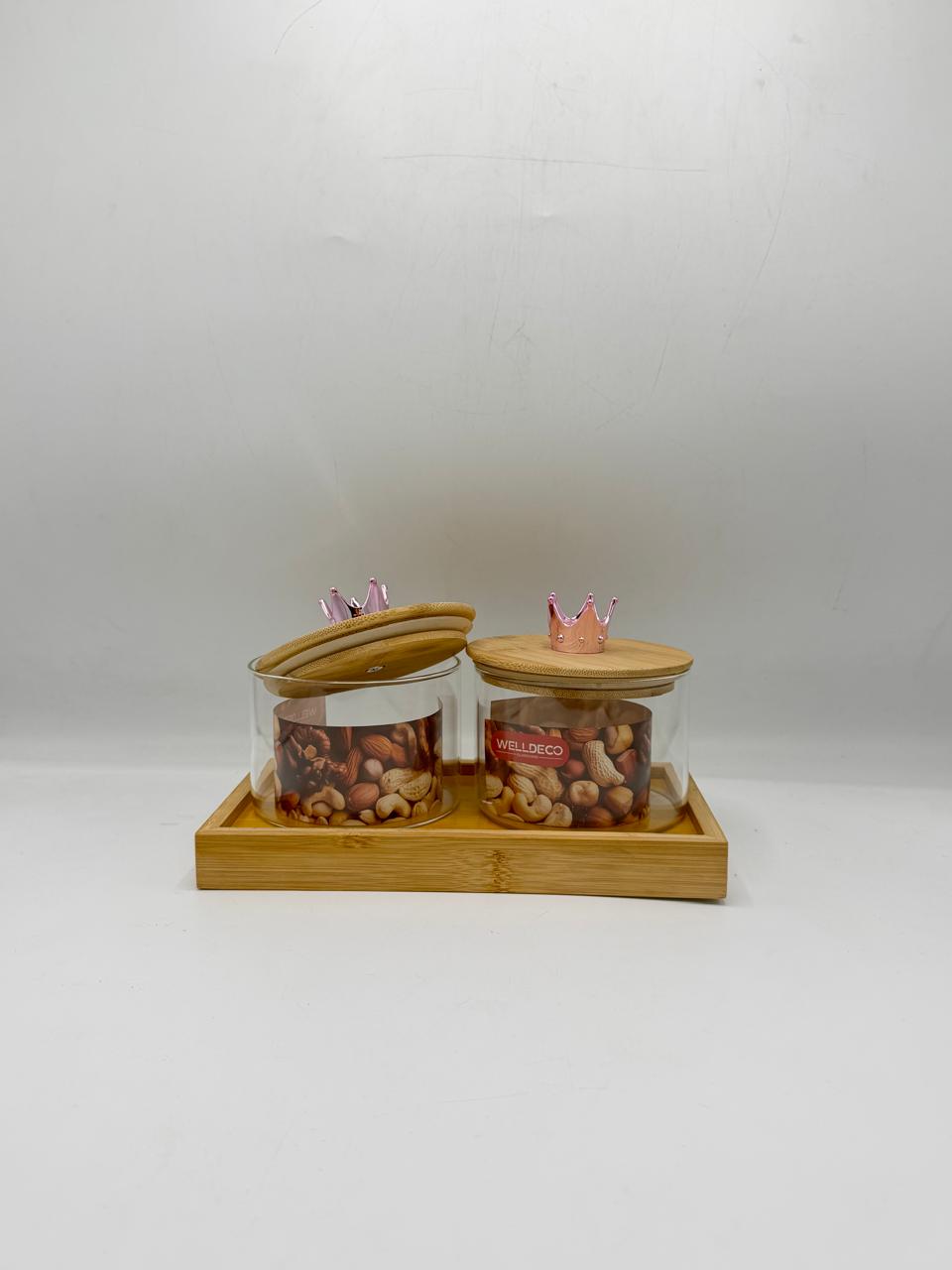 Glass Container Set - 2 Piece Crown Knob Bamboo Lids with Tray