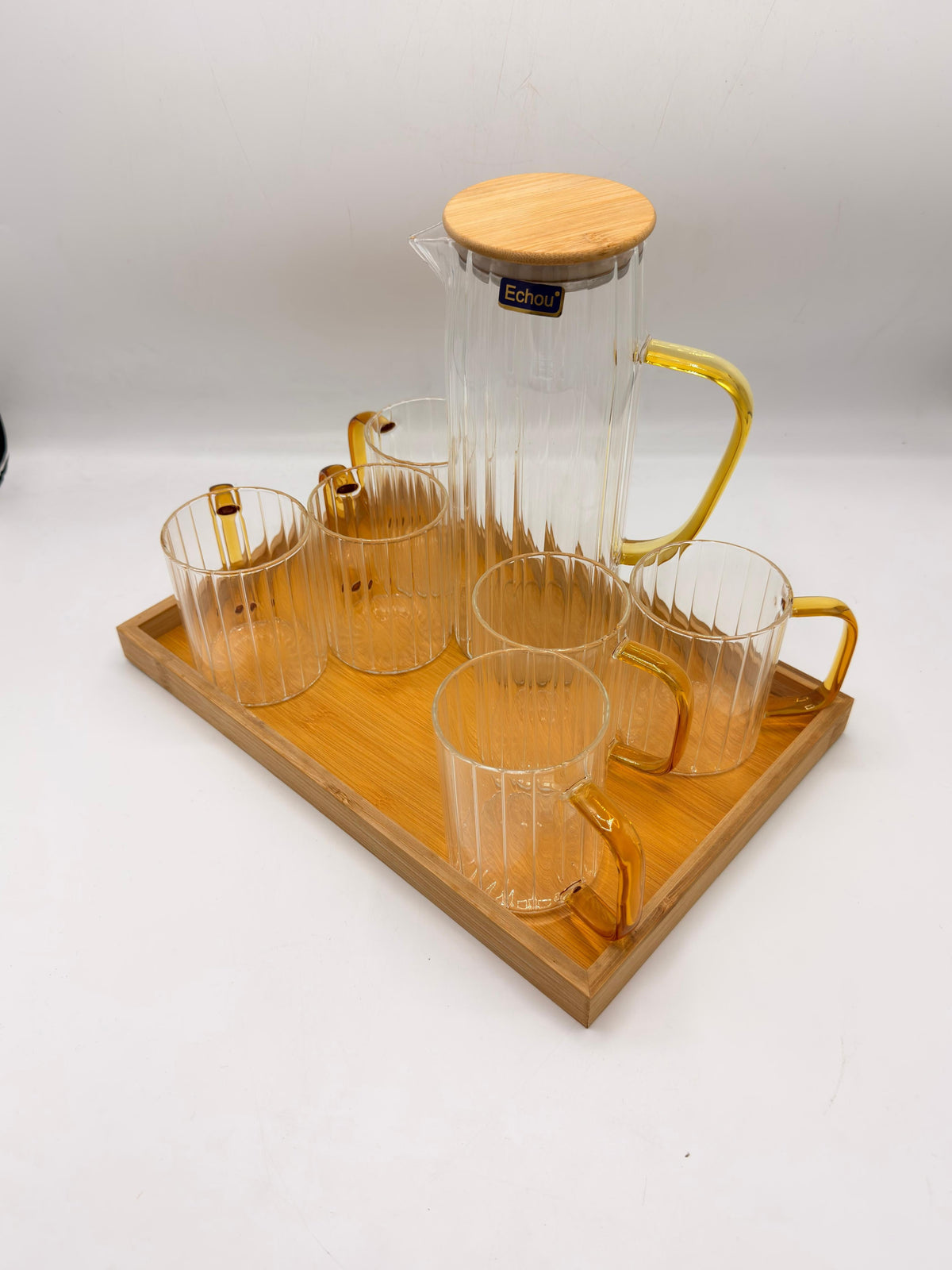 Ribbed Glass Pitcher Set - 6 Glasses with Bamboo Lid & Tray