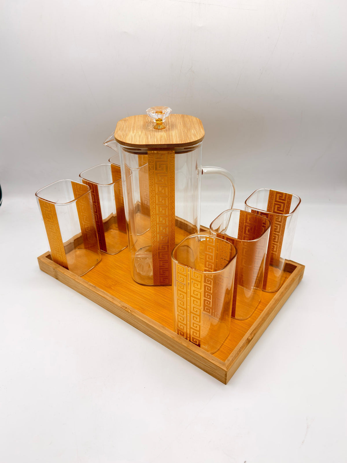 Geometric Pitcher Set - 6 Glasses with Greek Key Pattern & Bamboo Lid