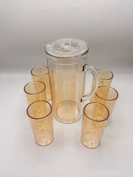 Golden Spiral Glass Pitcher Set - 1 Jug with Lid & 6 Matching Glasses