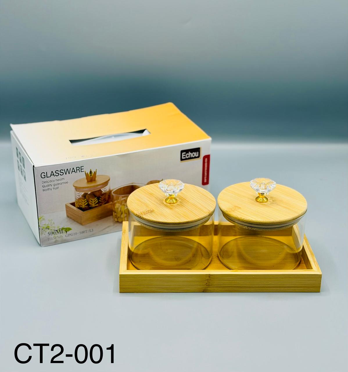 Wooden Tray Glass Jar Set – 3 Pcs (500ml)