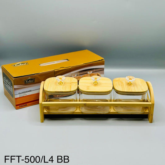 Square Glass Jar Set with Wooden Tray – 3 Pcs (500ml)