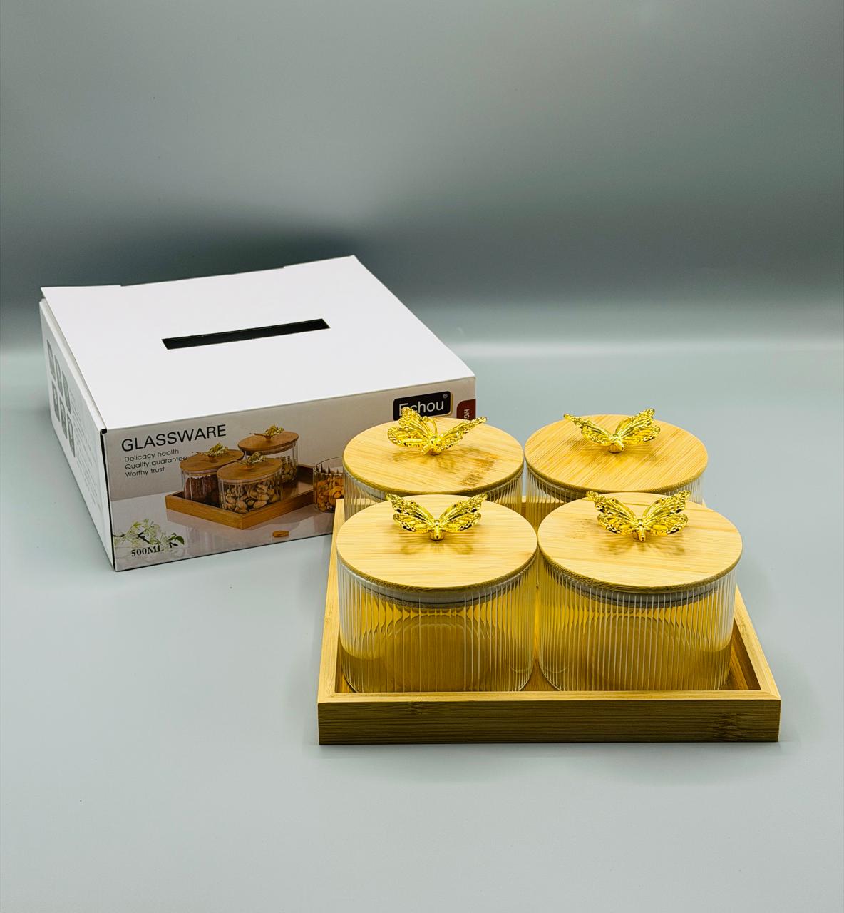 Glass Container Set - 4 Piece Bamboo Lids with Golden Butterfly