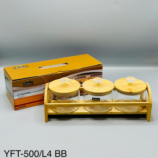 Round Glass Jar Set with Wooden Tray – 3 Pcs (500ml)