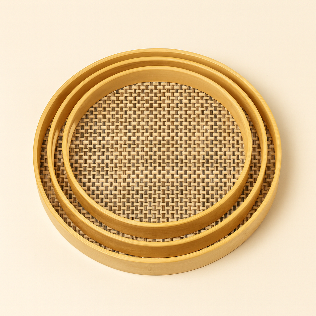 3-Piece Round Bamboo & Rattan Serving Tray Set