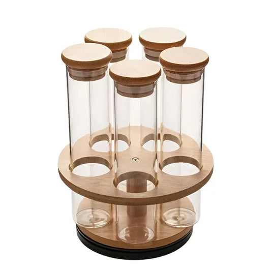 Bamboo Rotating Glass Tube Spice Rack - 6 Jars