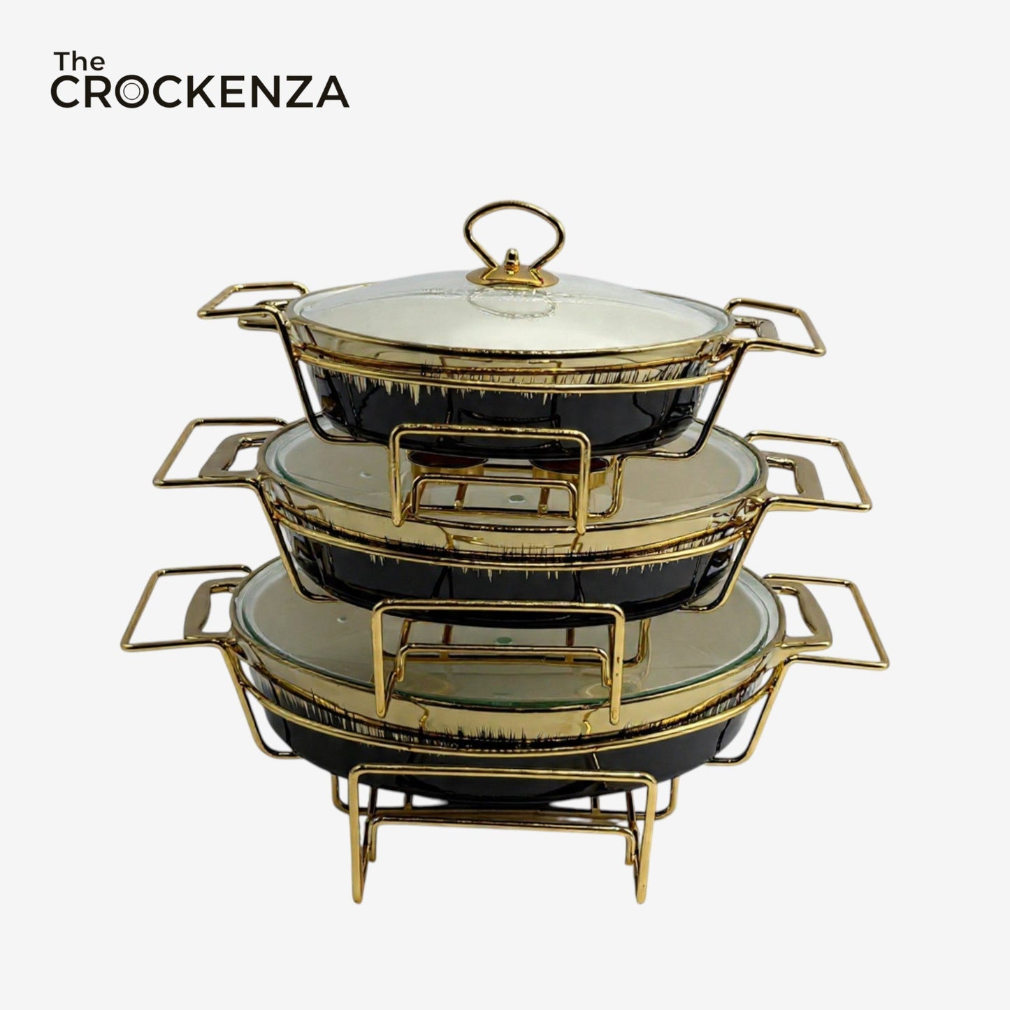 Regal Gold-Trimmed Oval Chafing Dish – Premium Black Ceramic Buffet Warmer Set