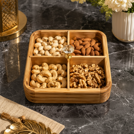 Luxury Wooden 4-Grid Dry Fruits & Snacks Serving Box