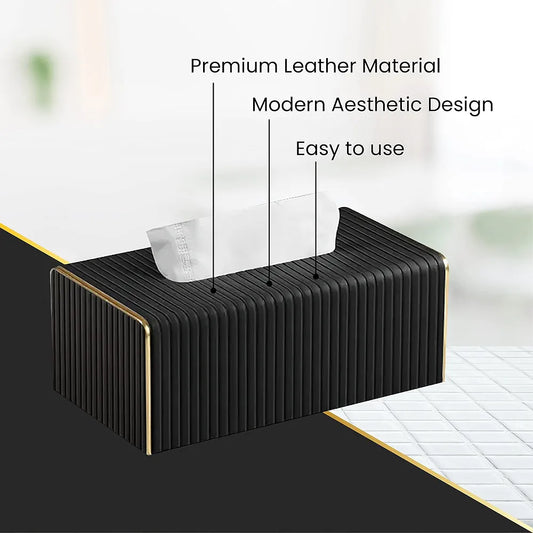 Nordic-style Black Leather Tissue Box Cover With Gold Accent Edge