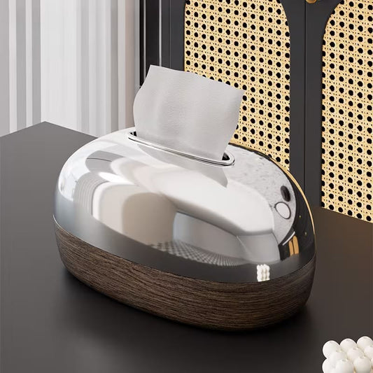 Premium Oval Chrome Style Finishing Tissue Box With Wooden Base