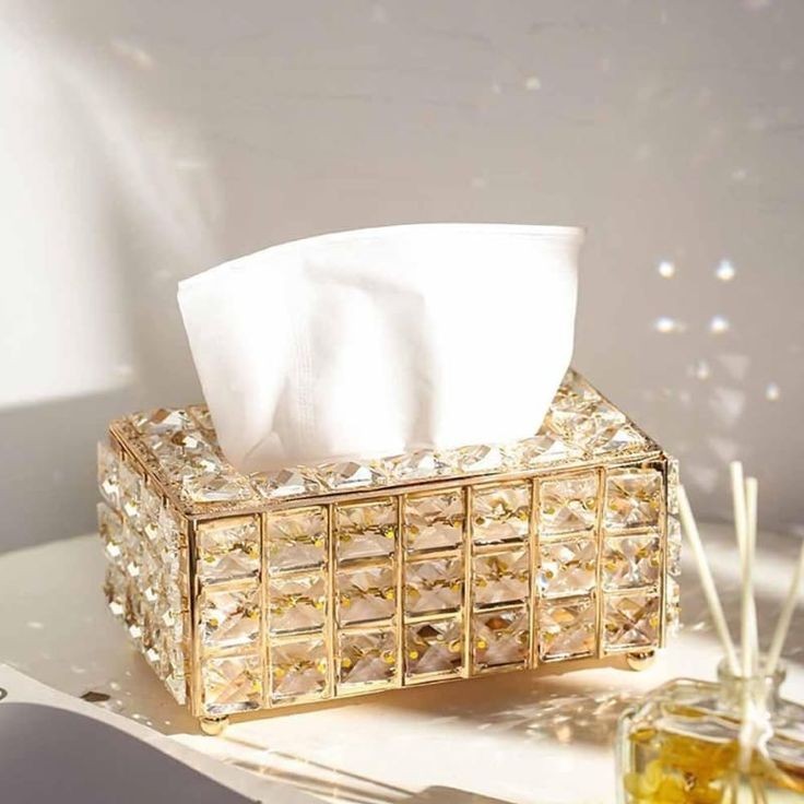 Luxury Crystal Tissue Box Cover with Gold Metal Frame | Handcrafted Octagonal Crystal Décor Holder for Vanity, Bathroom, Office & Living Room