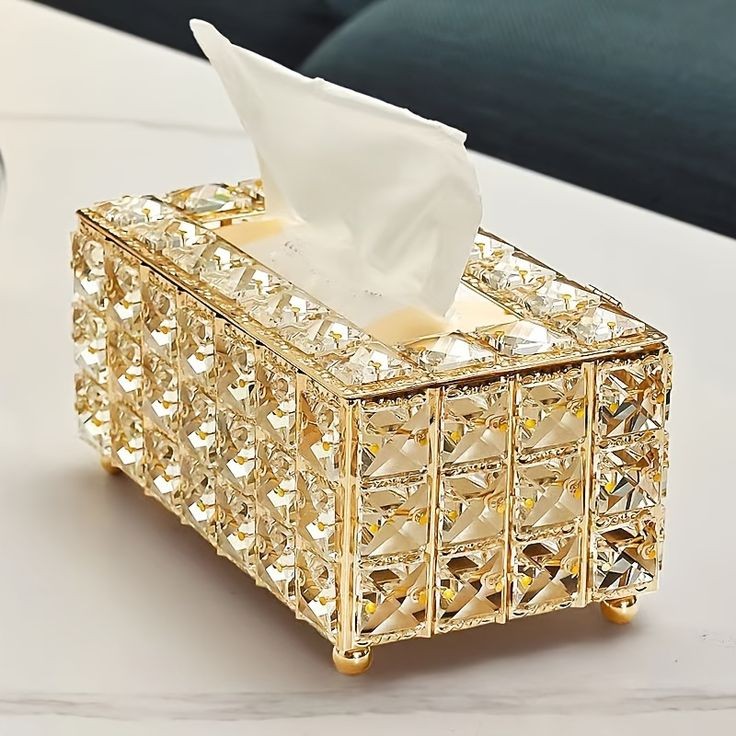 Luxury Crystal Tissue Box Cover with Gold Metal Frame | Handcrafted Octagonal Crystal Décor Holder for Vanity, Bathroom, Office & Living Room