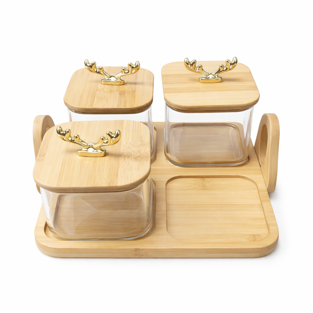 5Pcs Glass Storage Jar Set with Deer Handle Lids & Bamboo Tray - MYK DEALS