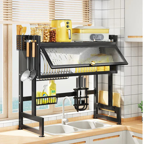 Over Sink Dish Drying Rack with Dust-Proof Cabinet Doors, 2 Tier Large Storage Kitchen Dish Drainer Rack Space Saver Shelf Holder, Above Sink Dish Racks with Utensil Holder, Knife Holder