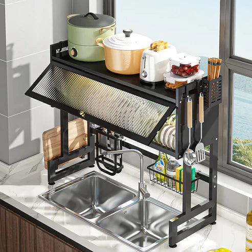 Over Sink Dish Drying Rack with Dust-Proof Cabinet Doors, 2 Tier Large Storage Kitchen Dish Drainer Rack Space Saver Shelf Holder, Above Sink Dish Racks with Utensil Holder, Knife Holder