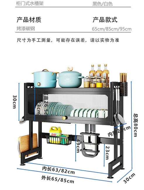 Over Sink Dish Drying Rack with Dust-Proof Cabinet Doors, 2 Tier Large Storage Kitchen Dish Drainer Rack Space Saver Shelf Holder, Above Sink Dish Racks with Utensil Holder, Knife Holder