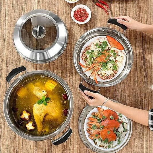Stainless Steel Steamer & Soup Pot – Multi-Purpose Hot Pot for Cooking & Serving | Adornia.pk