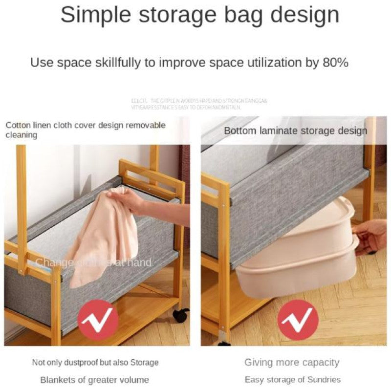 Multi-Functional Wooden Coat Rack with Fabric Basket & Swivel Wheels