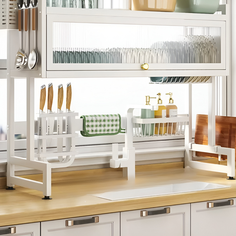 Over Sink Dish Drying Rack with Dust-Proof Cabinet Doors, 2 Tier Large Storage Kitchen Dish Drainer Rack Space Saver Shelf Holder, Above Sink Dish Racks with Utensil Holder, Knife Holder