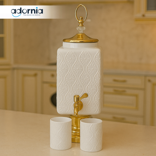 LUXURY EMBOSSED CERAMIC WATER DISPENSER WITH 6 CUPS – GOLDEN FAUCET | PREMIUM KITCHEN SERVER