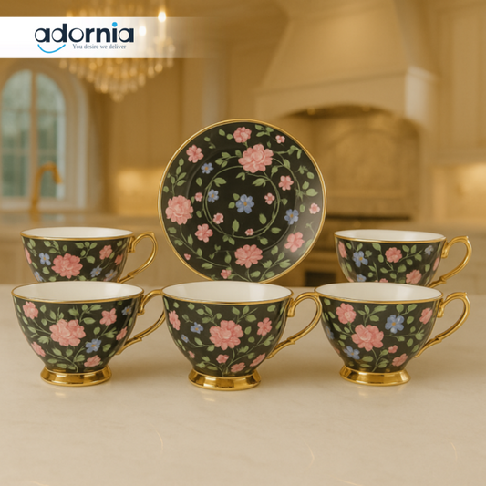 ROYAL ALBERT BLACK FLORAL TEA CUP SET – 12 PIECE  GOLD RIMMED PORCELAIN CUPS & SAUCERS