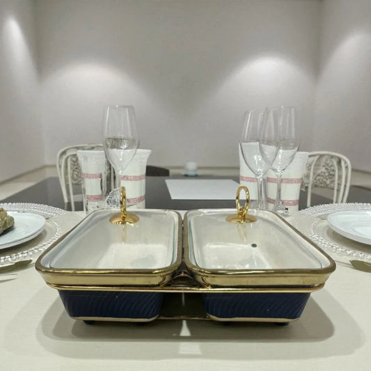 Luxury Rectangular Twin Chafing Dishes with Handles & Metal Stand – Navy Bue coloured Buffet Set (12