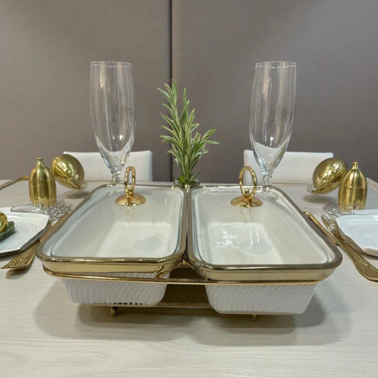 White Rectangular Twin Chafing Serving Dishes with Handles & Metal Stand – Elegant Buffet Set (12