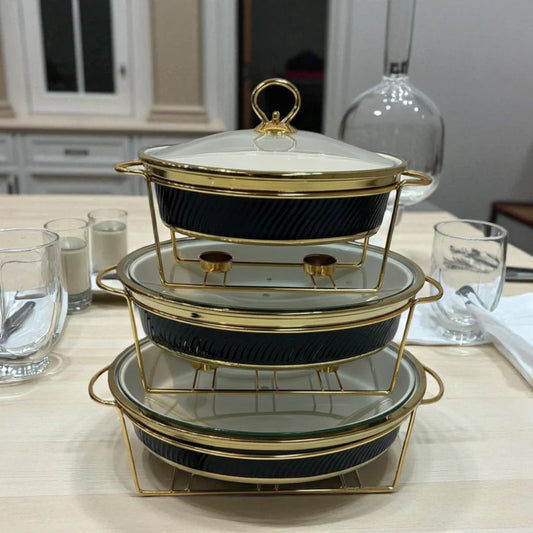 Imported Luxury Oval Porcelain Serving Dish (Navy Blue) with Glass Lid & Side Handles for Easy handling - Three Sizes