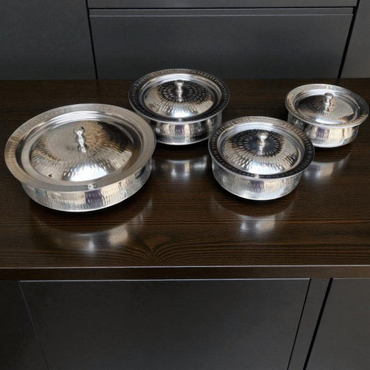 Stainless Steel Serving Handi Set (4 Pcs) – Traditional Silver Cookware & Table Serveware | Adornia.pk