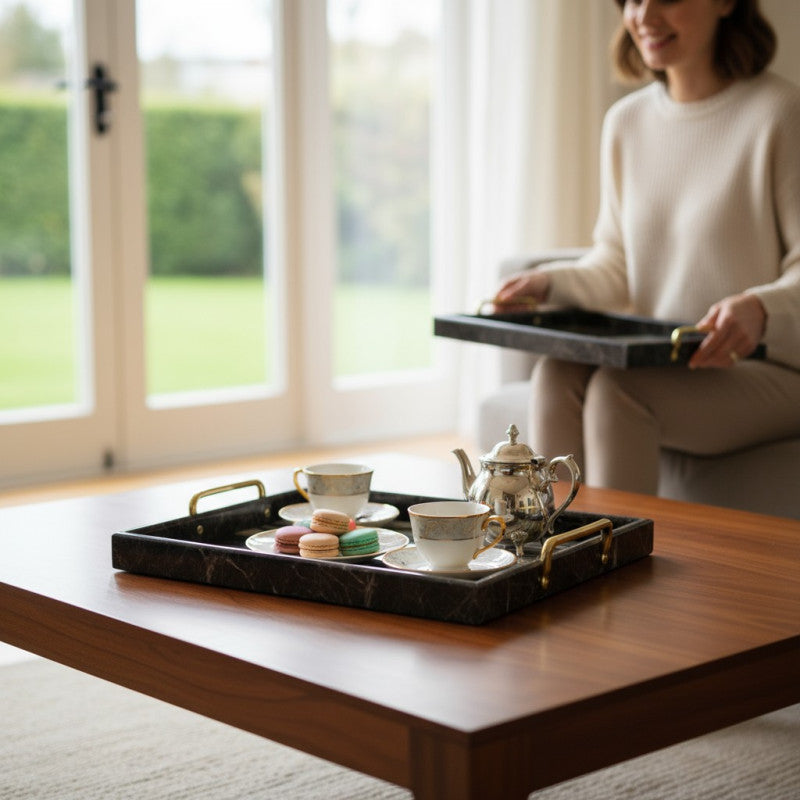 3-Piece Black Aesthetic & Gold Marble-Look Serving Tray Set
