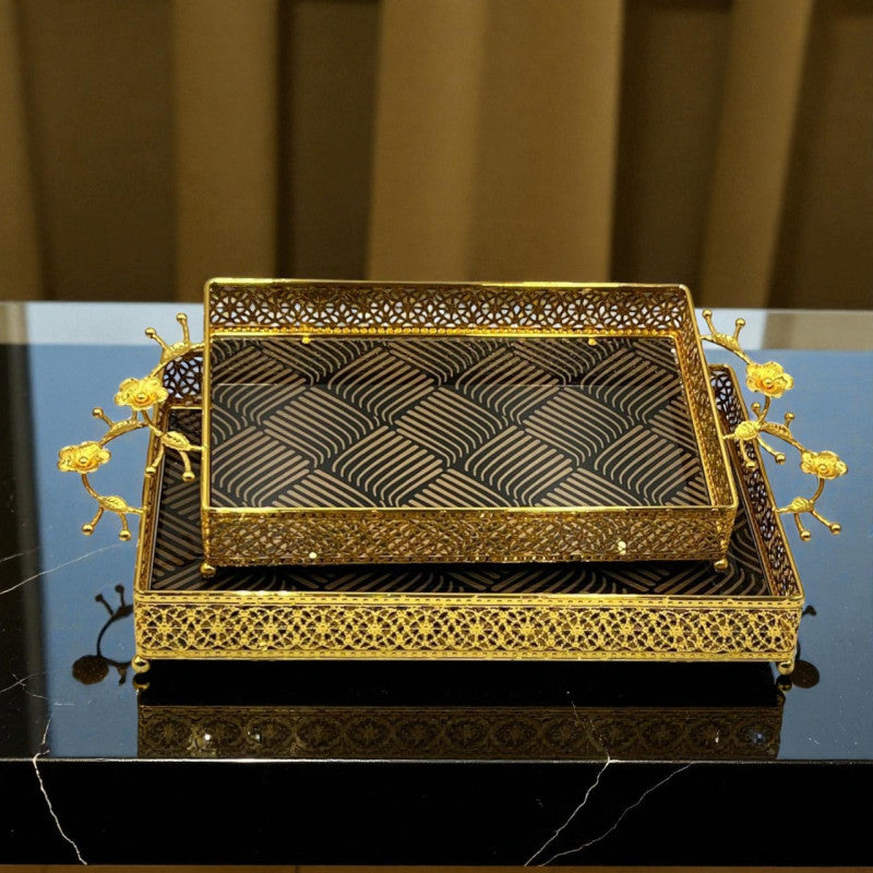 Elegant Black Brown Texture & Golden Border 2pcs Rectangle Tray Set